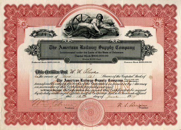 American Railway Supply Co. - Railroad Stock Certificate